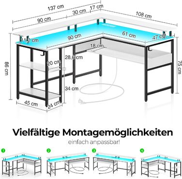 Г-подібний ігровий стіл Rolanstar зі світлодіодним освітленням та розетками, ігровий стіл з підставкою для монітора та місцем для зберігання, кутовий стіл з 2 гачками, великий двосторонній комп&39ютерний стіл для офісу (білий, 137 x 108 см) Білий 137 x 10