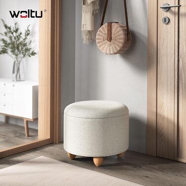 Табурет WOLTU з місцем для зберігання речей, круглий м&39який пуф для ніг, журнальний столик з ніжками з масиву дерева, пуф для ніг з кришкою, лляний чохол, Ø39x33 см, кремово-білий