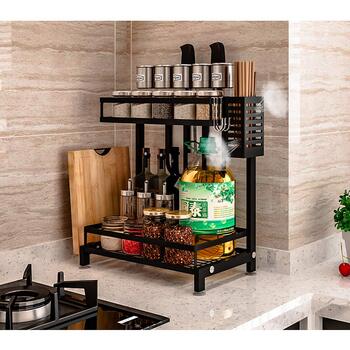 Постійна полиця для спецій OHMG, 3-рівнева кухонна полиця для банок зі спеціями, органайзер для кухонної стільниці, металевий органайзер для зберігання на робочій поверхні з тримачем для посуду, тримачем для обробної дошки (34*21*41,7 см (2 шари))