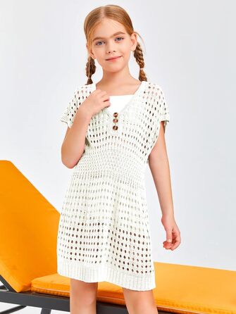 Пляжна сукня Haloumoning для дівчаток, літнє бікіні, пончо з короткими рукавами, в&39язані дитячі модні купальники, 150 білого кольору