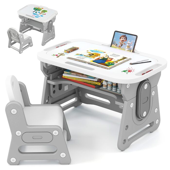 Дитячий стіл та стілець з регульованою висотою, дошкою для малювання та відділенням для зберігання, художній стіл/стіл для учнів з нековзними ніжками, для дітей від 3 років (сірий)