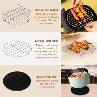 Аксесуари для фритюрниці Wodasi, Аксесуари для фритюрниці 3.5 л Набір аксесуарів із шести предметів, Air Fyer для всіх брендів, форма для мафінів, форма для піци, форма для випічки, решітка для приготування на пару, силіконовий килимок, решітка для гриля