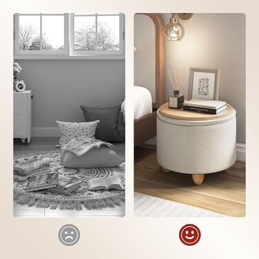 Табурет WOLTU з місцем для зберігання речей, круглий м&39який пуф для ніг, журнальний столик з ніжками з масиву дерева, пуф для ніг з кришкою, лляний чохол, Ø39x33 см, кремово-білий