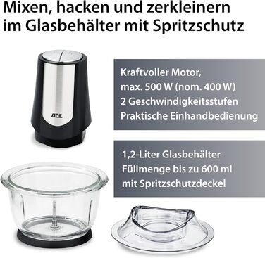 Потужний електричний подрібнювач потужний двигун 500 Вт велика скляна чаша 1,2 л 4 леза з нержавіючої сталі 2 швидкості цибуля, ов
