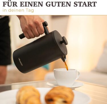 Голдвівер Френч-прес преміум класу 1 л Прес для кави з нержавіючої сталі S-304 Нержавіюча сталь Термоглечик з подвійними стінками 0,8 мм Чай/кава ізольована Ручна кавоварка матовий чорний