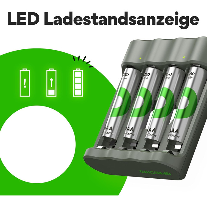 Зарядний пристрій GP ReCyko USB AA AAA, включаючи 4 акумуляторні батарейки AAA 850 мАг, NiMH 1.2V, зарядний пристрій з акумуляторними батарейками AAA