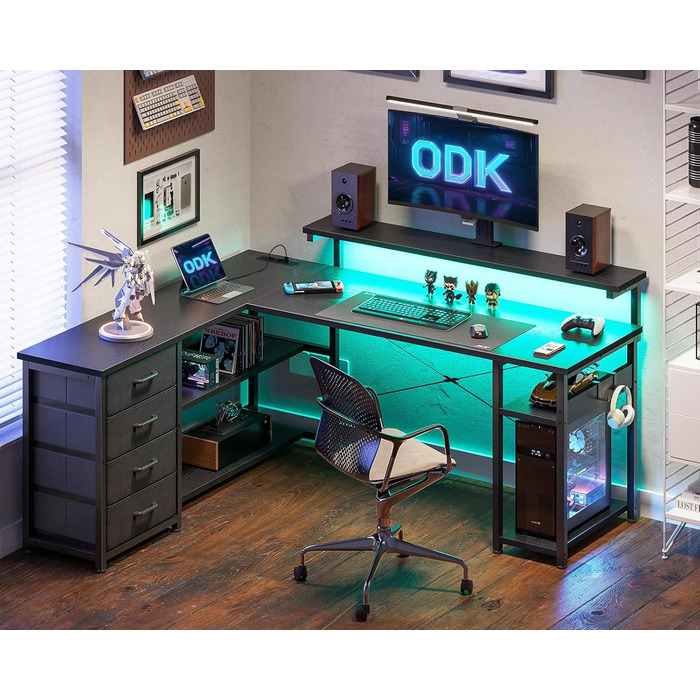 Письмовий стіл ODK з шухлядами, 135110 см, двосторонній кутовий стіл з 2 розетками та 2 портами USB для зарядки, L-подібний офісний стіл зі світлодіодним освітленням для домашнього офісу, чорний 135110 см
