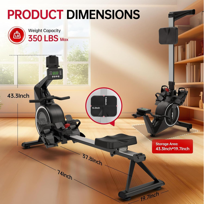 Домашній гребний тренажер, гребний тренажер з пневматичним та магнітним опором з 10 рівнями опору, велотренажер для користувачів до 158 кг, тиха подвійна рейка, світлодіодний монітор Bluetooth з тримачем для планшета, чорний BW7