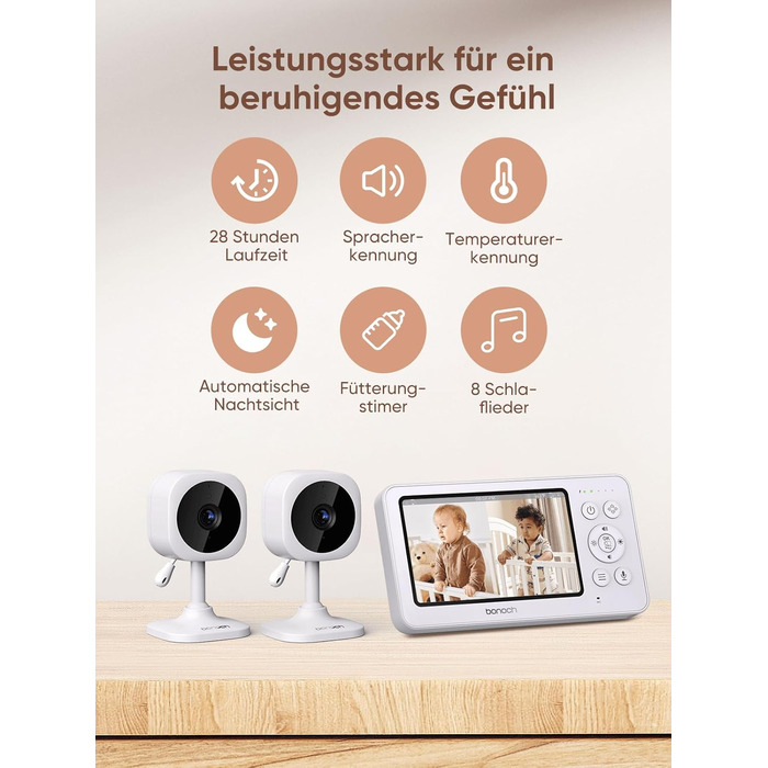 Відеоняня з 2 камерами, відеоняня 4,3 дюйма 720p без Wi-Fi, акумулятор 4000mAh, нічне бачення, функція двостороннього аудіо, режим