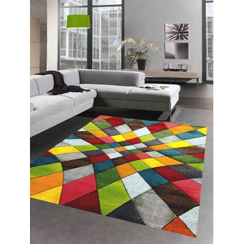 Абстрактний килим для вітальні сучасний барвистий ромбовидний дизайн помаранчевий жовтий зелений - легко чиститься розмір 200 x 29