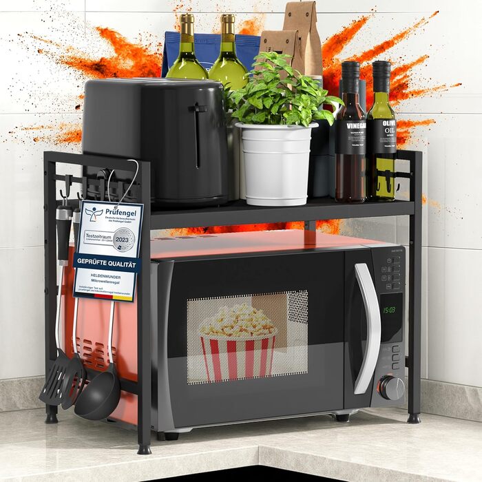 Полиця для мікрохвильової печі, кухонна полиця, стояча, сталь (2-рівнева) Полиця для мікрохвильової печі, шафа для мікрохвильової печі Полиця для зберігання, полиця для пекарні, регульовані по висоті та довжині полиці відеоінструкції, гачки - Чорний, 2-рі