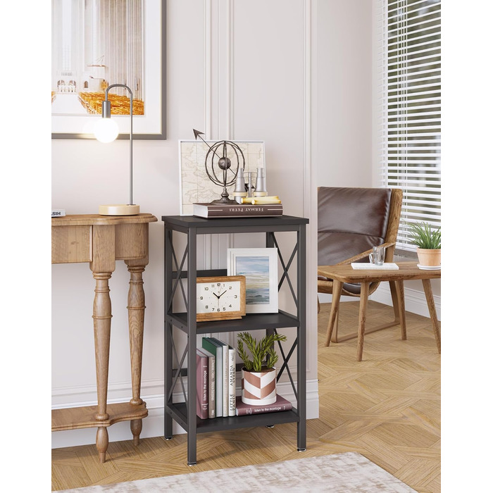 Книжкова полиця YMYNY, окремостояча полиця з 3 полицями, міцна X-подібна рама, регульовані ніжки, легке складання, 402975 см, для вітальні, спальні, кухні, кабінету, ванної кімнати, чорна HST008B