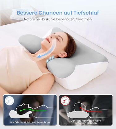 Подушка з піни з ефектом пам&39яті, ортопедична подушка для шиї 2 в 1, ергономічна подушка для підтримки шиї, регульована по висоті подушка для сну на боці, спині та животі, 60x41,5x10/12 см, білого та сірого кольорів