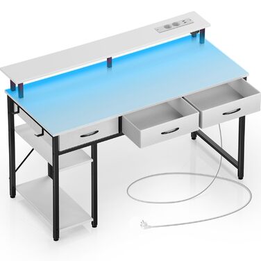 Письмовий стіл Rolanstar з шухлядами, комп&39ютерний стіл з розетками та світлодіодним освітленням, ігровий стіл з підставкою для монітора, полицею та 2 гачками, ігровий стіл для офісу, вітальня (білий, 137x47x90,5 см) білий 137 см