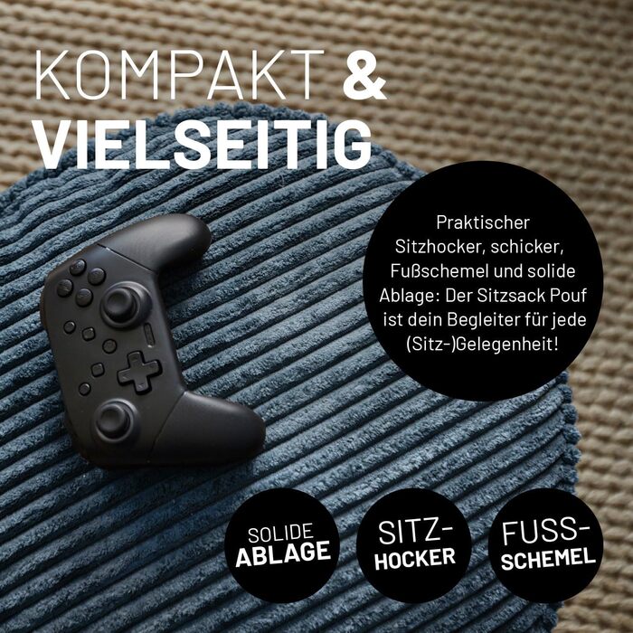 Пуф-мішок Lumaland Corduroy Компактний ігровий пуф об&39ємом 50 літрів з функцією 3-в-1 зручний стілець, практичний бічний столик та стильна підставка для ніг для приміщень Ø 25 x 45 см Темно-синій 25 x 45 см Темно-синій