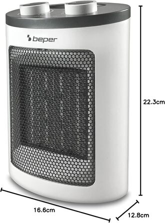 Керамічний вентилятор-обігрівач BEPER RI.080, сучасний дизайн, компактний, економний, регульований термостат, два рівні потужності, захист від перегріву, з ручкою, керамічний, PTC вентилятор-обігрівач, білий/чорний