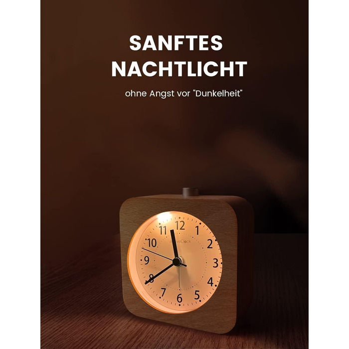 ВищеГодинник будильник аналоговий без цокання, будильник дерев'яний з дрімотою, тумбочка настільний годинник з нічником, ретро-будильник аналоговий на батарейках (потрібна батарея 1*AA) - натуральне дерево світло-коричневого кольору (квадрат, світло-корич