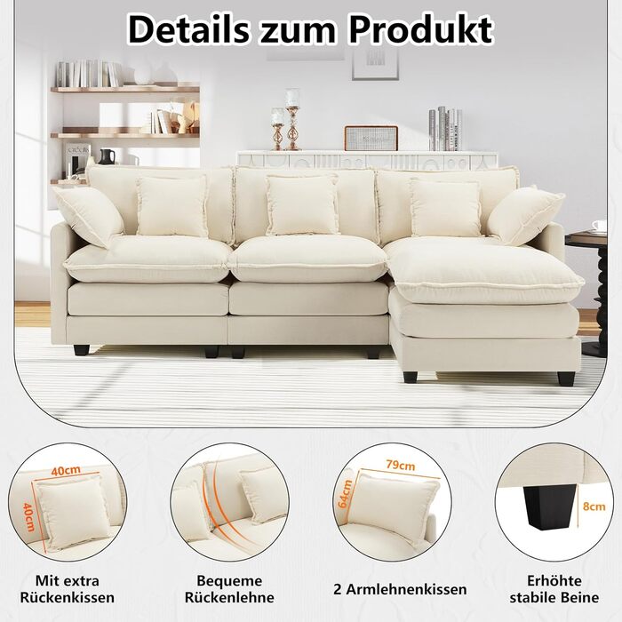 Подібний диван &quotХмара&quot, Модульний 4-місний секційний диван з оттоманкою, Сучасний диван з підлокітниками/декоративними подушками, Дихаюча тканина шенил, L-подібний диван для вітальні, Бежевий 240 см - L Бежевий