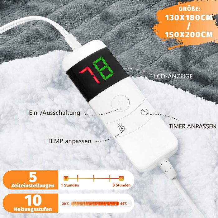 Підігріта ковдра BOMOVA з автоматичним вимкненням, пухнаста різдвяна ковдра, 10 налаштувань температури та 5-годинний таймер для дому, подарунки для жінок, різдвяна прикраса для ліжка/дивана, 130x180 см, сірий