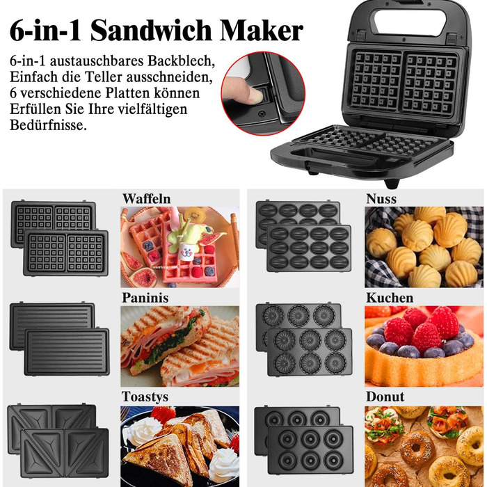 Багатофункціональний набір бутербродниць SUPERLEX 6-в-1, для сендвіч-тостера Контактний гриль Вафельниця Кекс 2 скибочки з антипригарним покриттям, двостороннє випікання при постійній температурі, набір 6-в-1 без бісфенолу А