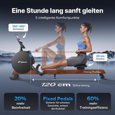 Домашній гребний тренажер MERACH, самогенеруючий, покращений магнітний піковий опір 60 кг, автоматичне регулювання опору, подвійні дерев&39яні рейки, світлодіодний дисплей, професійний (R21)