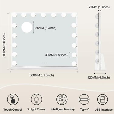 Дзеркало для макіяжу з підсвічуванням, Голлівудське дзеркало з сенсорним екраном з регулюванням яскравості з 17 світлодіодним підсвічуванням, Міцне дзеркало для макіяжу (60 х 52 см) біле 60 х 52 см