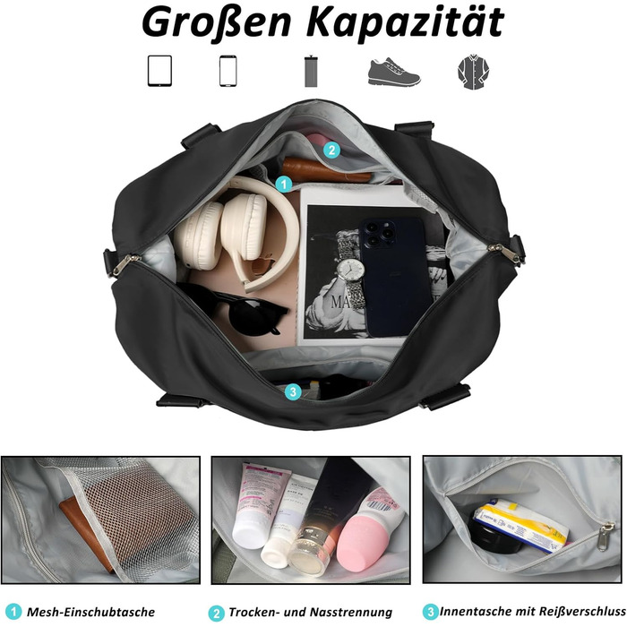 Дорожня сумка TANTOMI Ручна поклажа, Жіноча спортивна сумка, 46x23x32 см, Сумка для ручної поклажі, Сумка на вихідні, Водонепроникна дорожня сумка, Сумка для тренувань, Сумка для лікарні, Сумка для народження, Підходить для відпочинку, Кемпінгу, Чорна 1-2