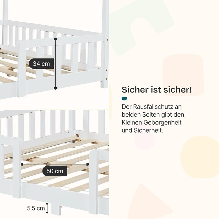 Дитяче ліжко Treviolo House, 140 x 200 см, Дерев&39яне дитяче ліжко із захистом від падіння, каркас ліжка Монтессорі з рейковою основою, сосна, білий колір, 140 x 200 см