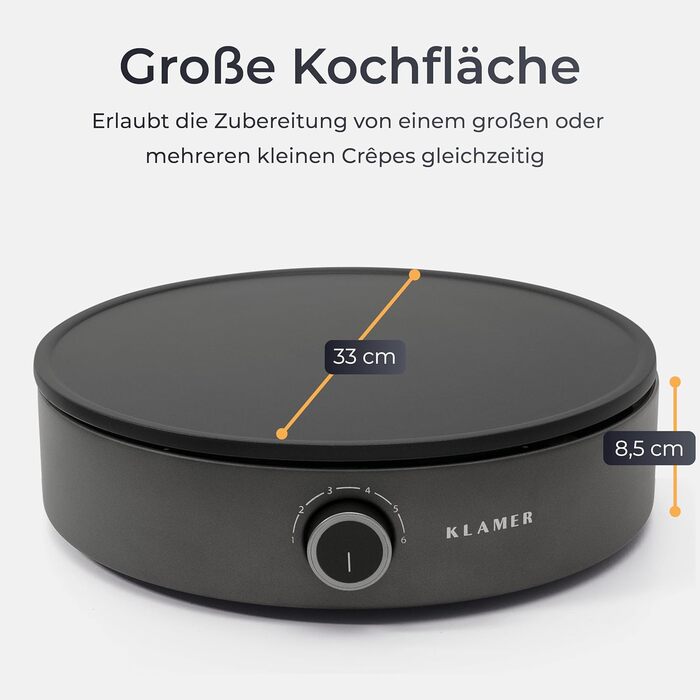 Млинниця KLAMER, велика поверхня для випікання діаметром 33 см, плита з антипригарним покриттям, вкл. тісторозділювач і дерев'яний