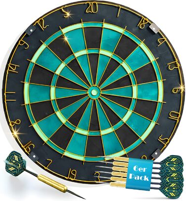Професійна сизалева мішень для дротиків, бірюзового кольору із золотим кільцем з номером та стрілками - Професійна сталева мішень для дротиків - Мішень для дротиків з 6 металевими наконечниками, золотими стволами для дротиків та держаками