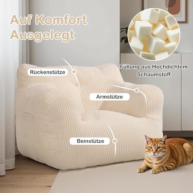 Крісло-мішок Pamapic для дорослих, наповнене крісло-мішок з портативною ручкою, сучасне ергономічне крісло-мішок, крісло-мішок для приміщень для вітальні, спальні, ігрової кімнати, бежевий 70Г x 80Ш x 55В см