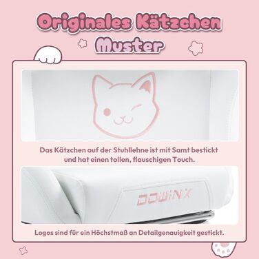 Ігрове крісло Dowinx - Видання &quotМилий кіт&quot - Ергономічне комп&39ютерне крісло з високою спинкою та поперековою опорою, шкіра синтетична, підставка для ніг, білий кіт, білосніжний