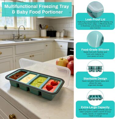 Контейнери для супу LURICO з кришками, контейнери для заморожування супу, набір із 2 силіконових форм для заморожування 250 мл з кришками - дуже великі формочки для кубиків льоду для супу, бульйону, соусів, 4 отвори