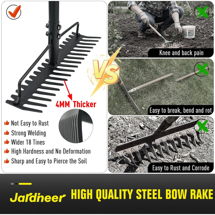 Гребінь садовий Jardineer, 150 см, металевий довгоручний граблі для щебеню, каменів, листя, вирівнювання ґрунту, ландшафтного дизайну, з 18 сталевими зубцями