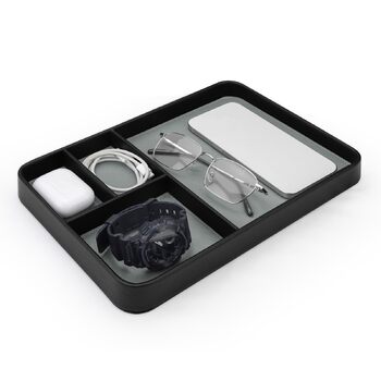 Чоловічий органайзер для столу, 4 відділення, високоякісна штучна шкіра, лоток для зберігання речей для всіх тумбочок, лоток для коштовностей, тумбочка для ключів, годинника, телефону, коштовностей, EDC, чорний