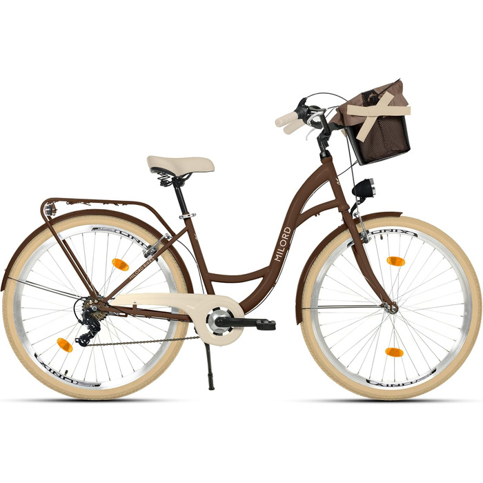 Жіночий міський велосипед MILORD Comfort з металевим кошиком, вінтажний, голландський, 26 дюймів, 28 дюймів, 7 швидкостей, коричнево-кремові шини, 28 дюймів