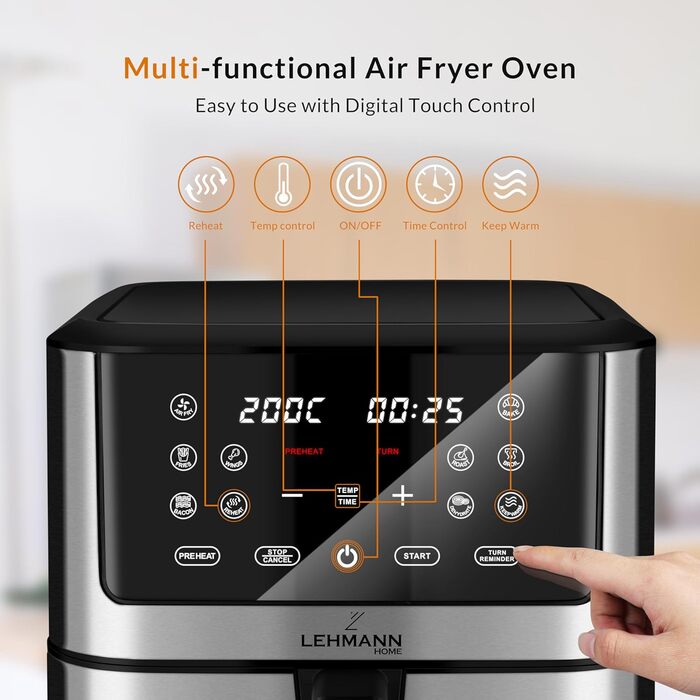 Фритюрниця Lehmann LHODF-1880 8 л XXL, фритюрниця 1800 Вт з 10 програмами, фритюрниця без олії до 200C, фритюрниця з таймером, сенсорним екраном і функцією зневоднення