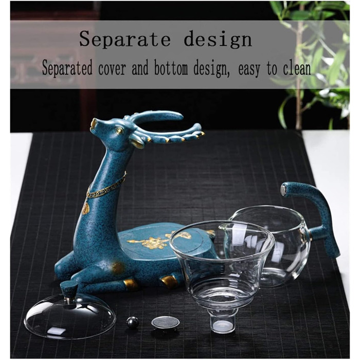 Набір скляних чайників RORA з напівавтоматичним обертанням та ситечком для чаю, Лінивий Кунг-Фу, (Олень) Синій