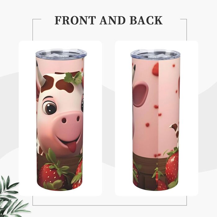 Кухоль з прямою трубочкою, дизайн корови та полуниця, друкований, дорожній кухоль, підходить для кемпінгу, офісу та дому, 590 мл