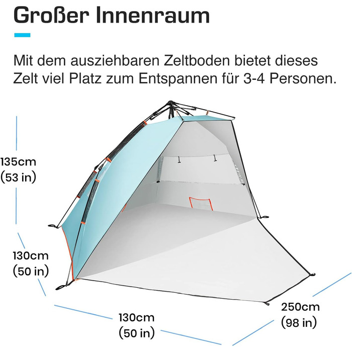 Розкішний пляжний намет Active Era із захистом від ультрафіолету SPF 50, водовідштовхувальний пляжний намет XXL, просте встановлення, намет на 5 осіб, ідеальний вітрозахисний захист для пляжу, саду та кемпінгу, невеликий розмір у упаковці - синій