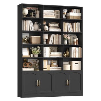 Книжкова шафа FirFurd 209 см з дверцятами, книжкова шафа з 15 відділеннями, вітрина, висока шафа, дерев&39яна багатофункціональна шафа, велика для вітальні, кабінету, кухні, 150 x 23,7 x 209 см, чорна