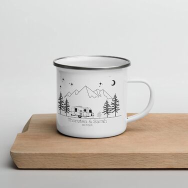 Емальована кружка, ретро-стиль, кемпінговий посуд для каравану/кемперу, персоналізована кемпінгова кружка з назвою, кавова кружка, аксесуар для автофургона/кемперу, кружка з нержавіючої сталі, подарунок для кемперів