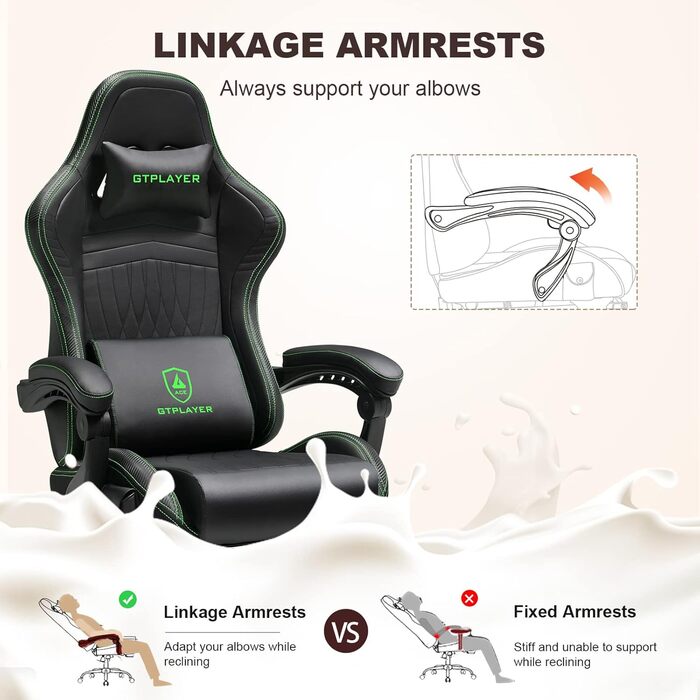 Ігрове крісло GTPLAYER, ергономічне ігрове крісло, стілець для роботи, гоночне крісло для ПК з підставкою для ніг, динаміки, музика, офісне крісло, витримує до 150 кг, зелений