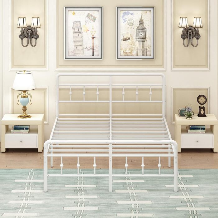 Металеве ліжко EMODA 140 x 200 см з узголів&39ям та узніжжям, каркас ліжка заввишки 46 см, міцний каркас ліжка, легке складання, безшумне, біле DE 140 x 200 см Біле