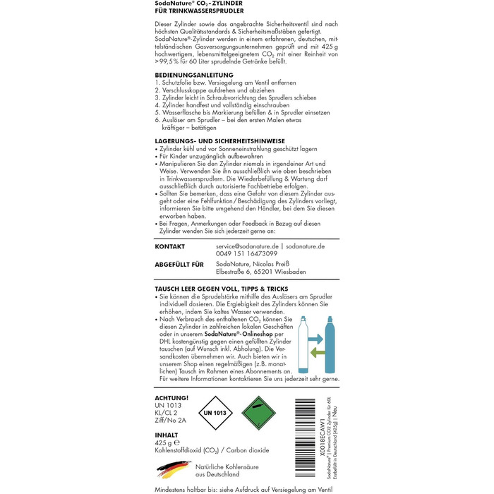 Преміальний 60-літровий циліндр CO2 для SodaStream (крім QC), Aarke тощо Нові та вперше заповнені в Німеччині Природна вугільна кислота на 60 літрів 10 років TV 425 г