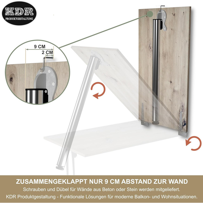 Настінний розкладний стіл KDR 80x50 см, сучковатий дуб розкладний стіл з хромованою ніжкою для настінного монтажу як обідній, письмовий або кухонний стіл висота 74 см