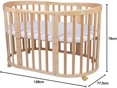 Дитяче ліжко Waldin Oval, комплект трансформованого 7-в-1, ліжечко, дитяче ліжечко з матрацом, пеленальний столик, приліжкове ліжечко, натуральне дерево, комплект тканини не входить до комплекту