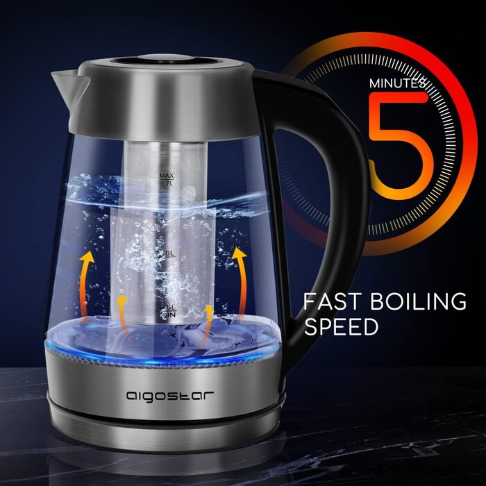 Скляний чайник Aigostar з регулюванням температури 1,7 л, чайник 2-в-1 з ситечком з нержавіючої сталі, вибір температури 60-100C,