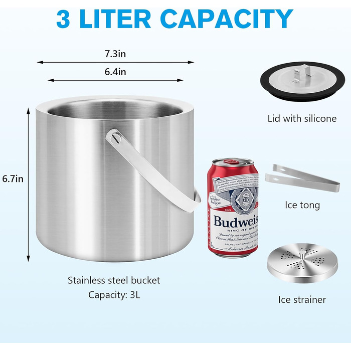 Відро для льоду з силіконовою кришкою, 3 л, двостінне відро, щипці для льоду, ручка і ситечко, велике, з нержавіючої сталі, ізольо