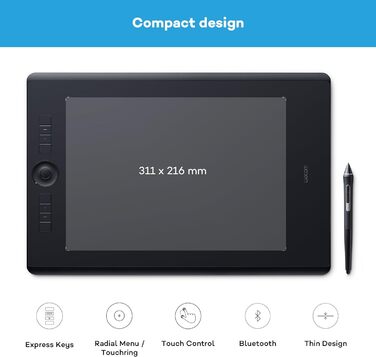 Графічний планшет Waco Intuos Pro Pen Size Graphics Tablet (включно зі стилусом Pro Pen 2 з різними наконечниками, підходить для Windows і Apple), чорний (L, 2-го покоління)